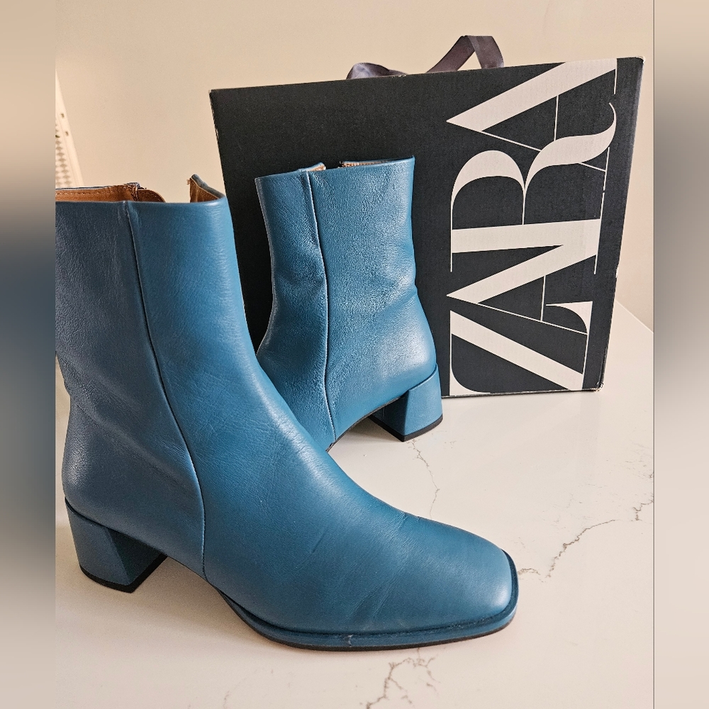 Zara LEATHER MID-HEEL ANKLE BOOTS US 7.5 EUR 38 BLUE - Picture 6 of 11